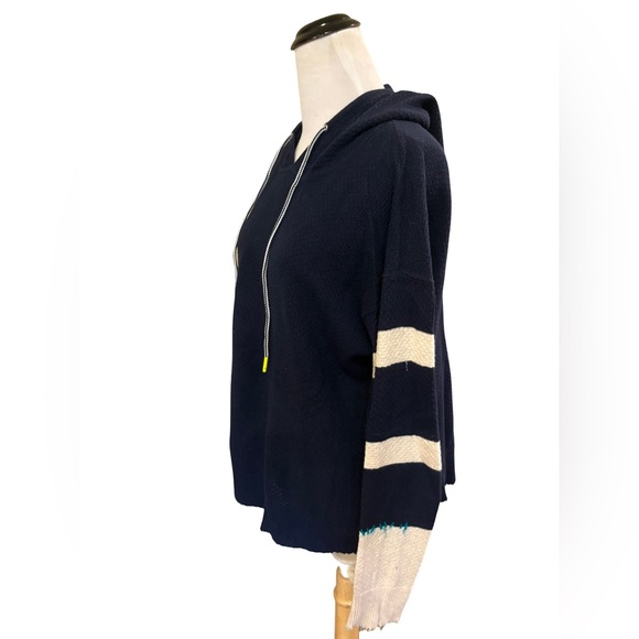 Lisa Todd Navy Blue Hooded Sweater with Striped Sleeves — Size L - Picture 2 of 3